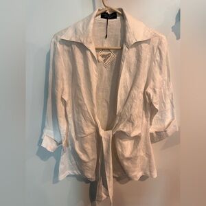 Dawn Bacchus tie front wrap top 100% lien white Small